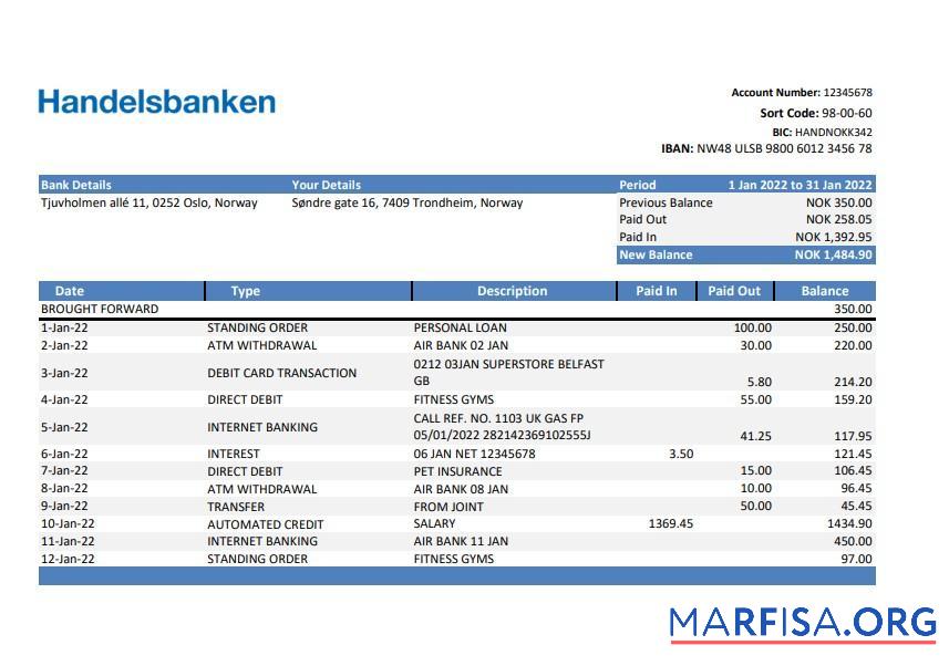 Realistic Norway Handelsbanken bank statement excel download for verification
